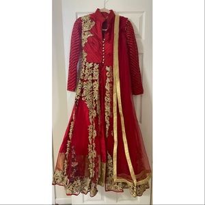 Red net anarkali with ghagra and net dupatta